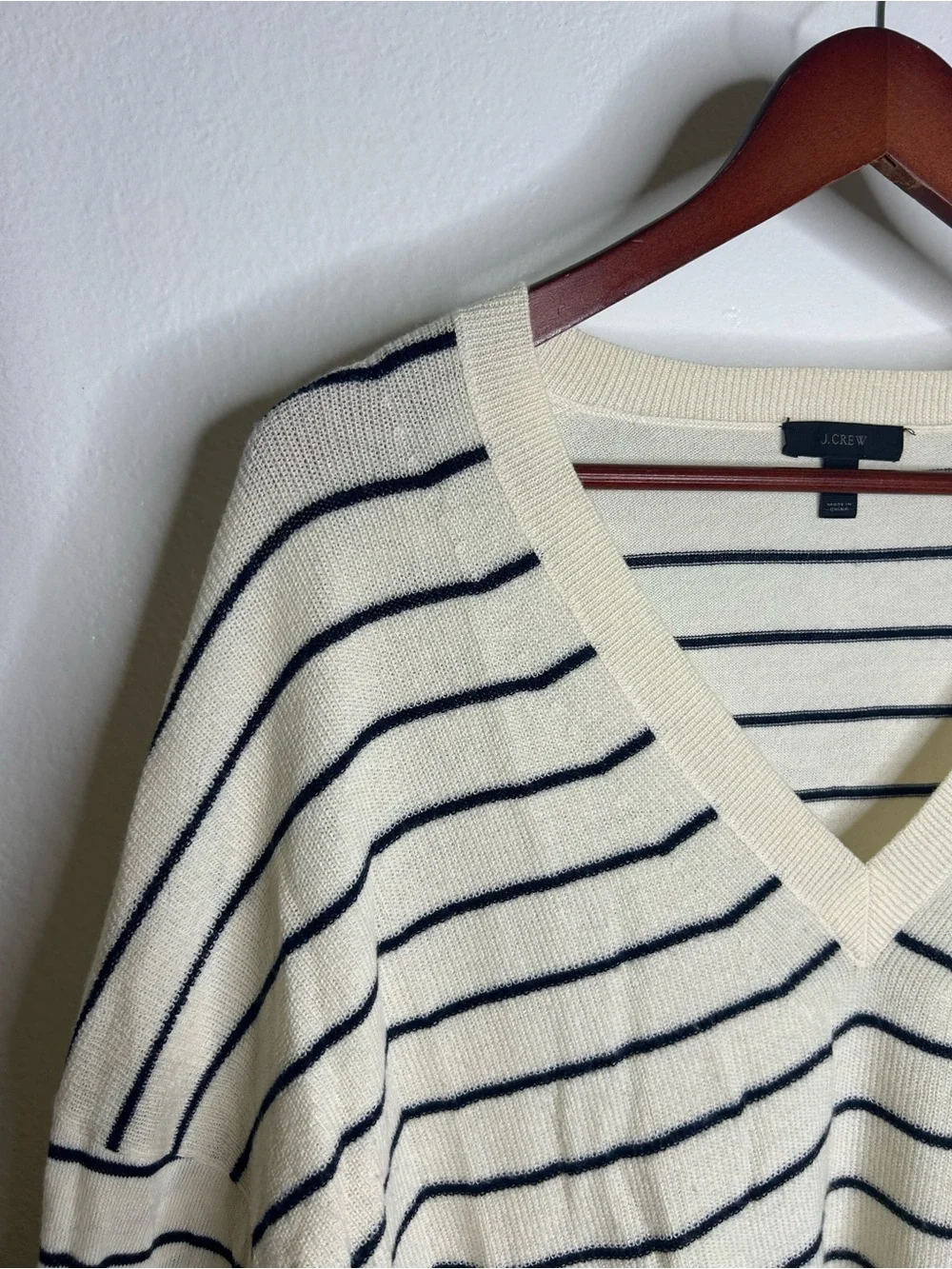 J. Crew Merino Wool Cotton Striped Cream Navy Lightweight V - Neck Sweater